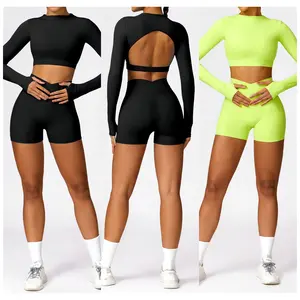 New Arrived Women Long Sleeve Sets Quick Dry Gym Wear Suits Women's Running Fitness Exercise Long Sleeved top and Shorts Set