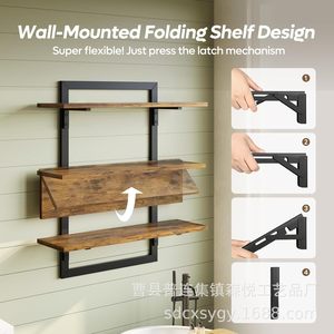 <b>Wall</b>-mounted Wooden <b>Floating</b> <b>Shelf</b> Multi-tiered Storage Rack For Bathroom With Foldable Support Durable Design - Product Image 3