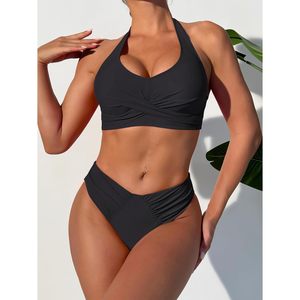 Anrabess Womens <b>Bikini</b> <b>Set</b> Two Piece High Waisted Halter Twist Front Swimwear Summer Beach Bathing Suit Stretch Spandex - Product Image 2