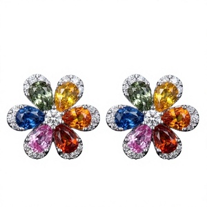 Pendientes de Flor con Zafiros Multicolor en Oro Blanco de 18K, Corte Pera, Gema Arcoíris, Diamante Natural, Joyería Fina - Product Image 1