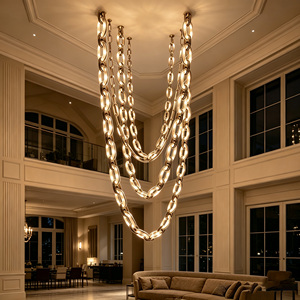 Lampadario Moderno di Lusso a Catena con Alabastro, Design Unico con Anelli Sollevabili, Lampadario Sospeso per Hall di Hotel, Soggiorno, Villa - Product Image 1