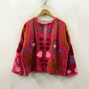 Abrigo Bohemio de Terciopelo Rosa Bordado con Patrón de Paisley en Forma de Corazón, Cuello Redondo, Manga Farol, Talla Grande, Ropa Exterior para Mujer, Ropa de Otoño - Product Image 1