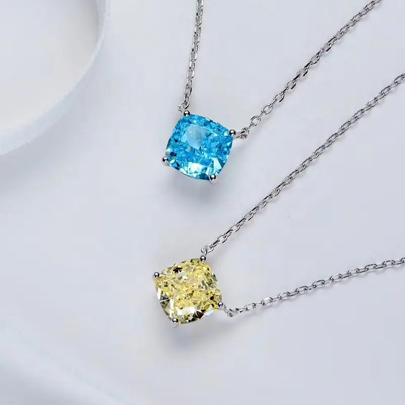 Collier en argent Sterling 925 2 carats, pendentif en diamant bleu eau et jaune, collier ras du cou, fin et en coupe de glace, populaire, offre spéciale