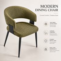 Chaise de salle à manger moderne en bouclette vert mousse, dossier ouvert, accoudoirs incurvés, structure métallique, pieds noirs, pour hôtel, restaurant, café, usage commercial