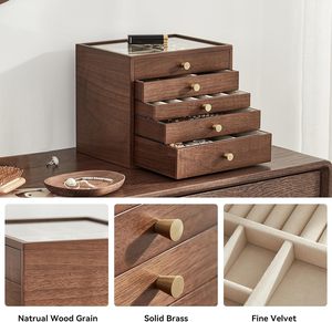 Boîte à bijoux en bois de noyer noir personnalisée, grande boîte organisatrice à tiroirs pour femmes avec couvercle en verre pour colliers, montres, bagues, boucles d'oreilles - Product Image 4