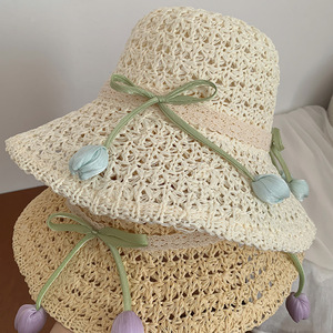 Japanese Style Openwork <b>Straw</b> <b>Hat</b> For Women Light Khaki Off White Large Brim Sunshade Breathable Summer Beach Wear - Product Image 4