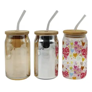 Spray Plating Drinking Bubble Tea Cup Change Beer Can Glass Tumbler with Bamboo Lid Glitter Shimmer Color Customized Logo