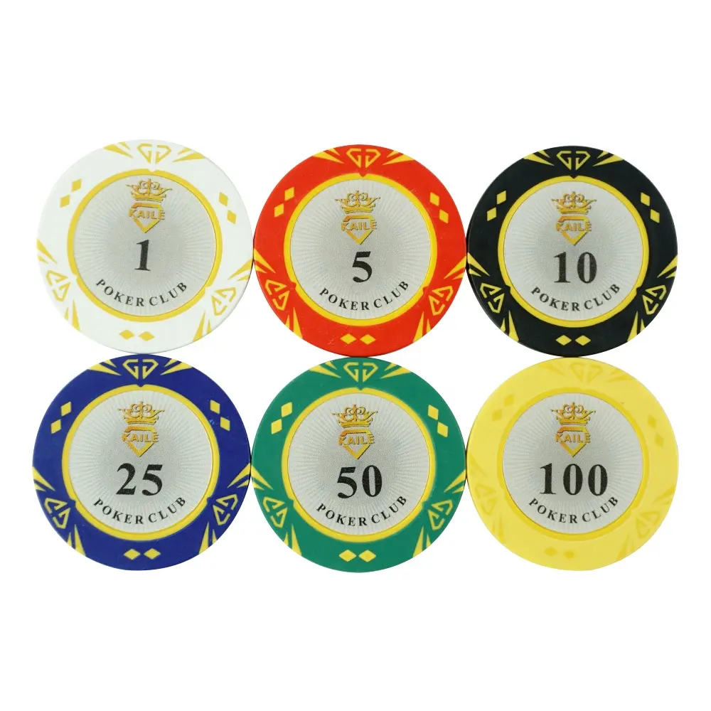 Kaile custom 40mm 14gram poker chips clay two tone colors diamond design with number stickers for casino poker club game