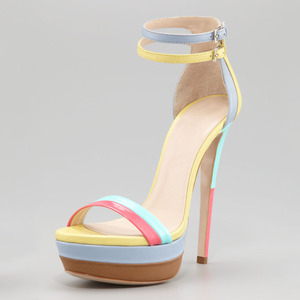 Zapatos de tacón alto de plataforma de talla grande 46 para mujer, sandalias de punta abierta con doble correa y hebillas, estilo patchwork para bailarinas. - Product Image 1