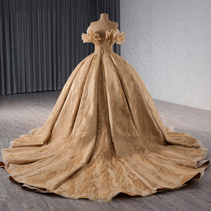 Robe de soirée longue moderne dorée en organza, robe de bal, robe de soirée à fleurs, appliques, perles, Rsm241066 - Product Image 2