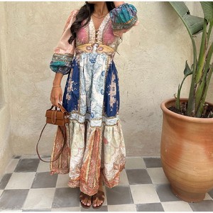 Retro Print Ethnic Style Long Puff Sleeve Women's Vacation <b>Dress</b> V Neck <b>Elastic</b> Waist Polyester Fiber Casual <b>Dress</b> - Product Image 1