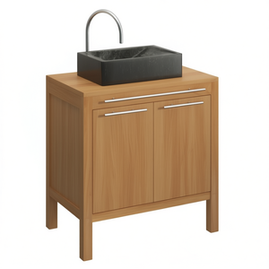 Meuble de salle de bain en teck massif avec vasque en marbre noir, design moderne, style contemporain, finition claire, sur pied - Product Image 1