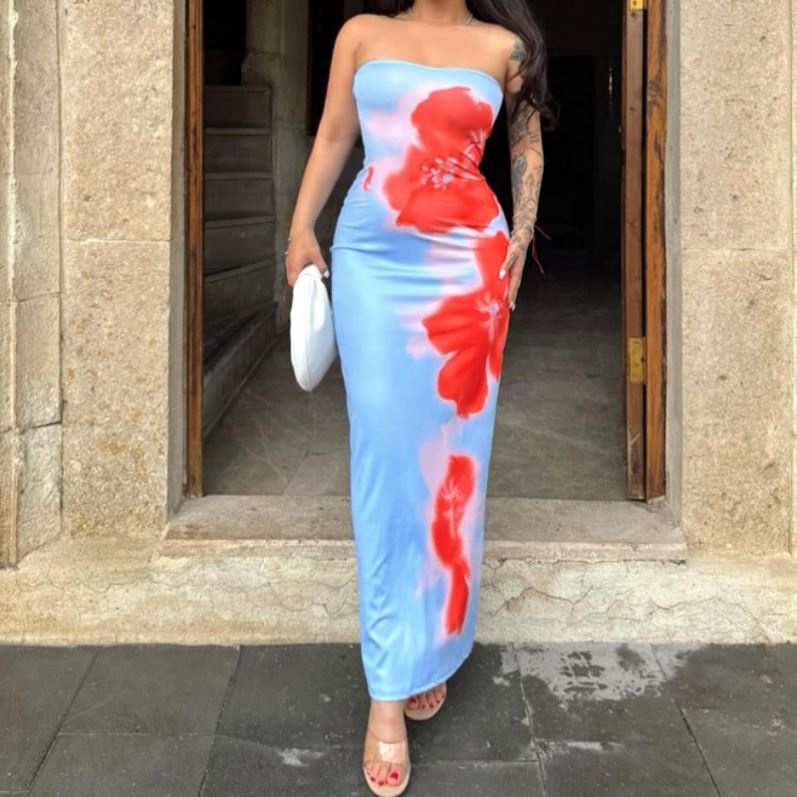Shop Our Slim-Fit Dress with Sleeveless Strapless Print Maxi Dress