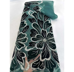 Tela de Encaje de <span class=keywords><strong>Terciopelo</strong></span> Francés Bordada con Flores de Alta Calidad, Lentejuelas y Cuentas, Ecológica, 5 Yardas, para Vestidos de Novia y Fiestas Africanas - Product Image 4
