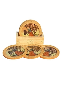Handmade Wooden Round Storage Trays with Rustic Folk Art Village Design for Thanksgiving <b>Kitchen</b> <b>Decor</b> - Product Image 4