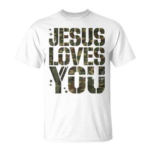 Camiseta con diseño de versículo bíblico cristiano, camuflaje, Jesús te ama, unisex, talla para adultos - Product Image 1