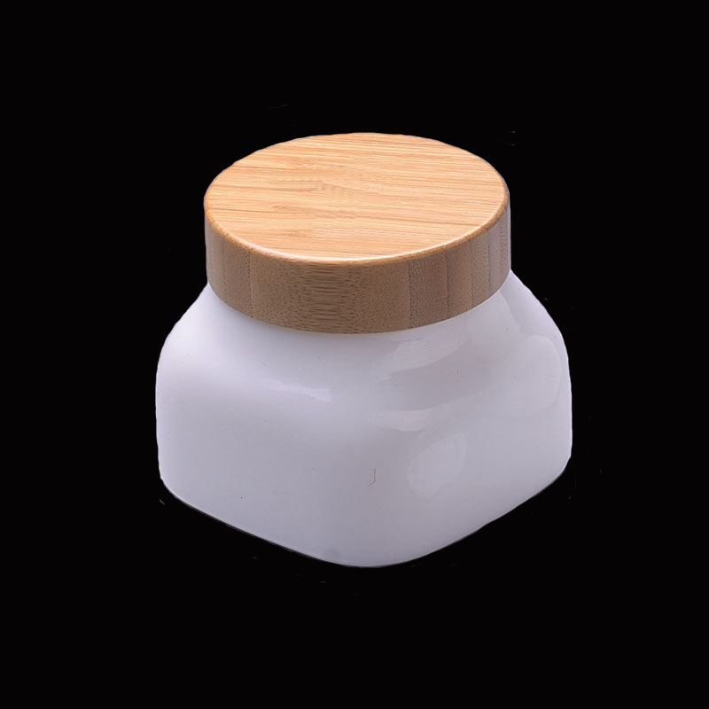 White glass jar with bamboo lid