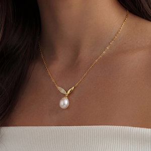 สร้อยคอไข่มุกทรงรีประดับทอง 18K เงินแท้ S925 พร้อมจี้รูปใบไม้ประดับเพชร CZ ดีไซน์ธรรมชาติสำหรับผู้หญิง - Product Image 4