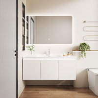 Meuble-lavabo de salle de bain moderne de haute qualité avec miroir LED, résistant à l'eau, éco-responsable, vasque en pierre, finition laquée
