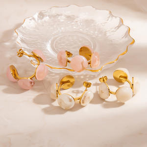 <b>Stud</b> <b>Earrings</b> Pink <b>Opal</b> Stone Gold Plated Geometric Design Fashion Jewelry - Product Image 4