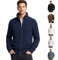 Veste en cachemire et laine pour homme à double fermeture éclair en bleu marine, pull bomber en tricot côtelé épais avec col en fausse fourrure pour vêtements d'extérieur d'hiver de luxe