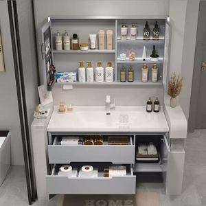 Luxury Modern Furniture Design <b>Floating</b> Rock Stone Countertop Ceramic Sink Bathroom Cabinet LED Mirror Vanity Set with <b>Drawers</b> - Product Image 2