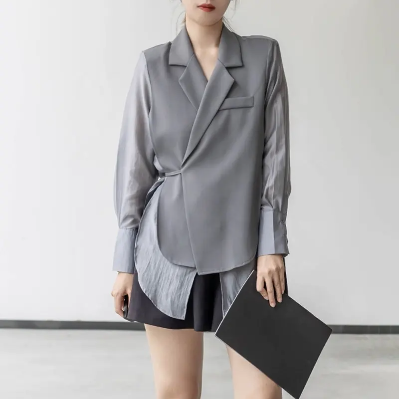 OUDINANew Vintage Fashionable Commuter Polo Long Sleeve Loose Lace Up Elegant Shirts And Tops Women's Blouses