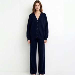 Conjunto de Cárdigan Azul Marino con Cuello en V y Pantalones Anchos para Mujer, Traje Casual con Botones y Manga Larga - Product Image 1