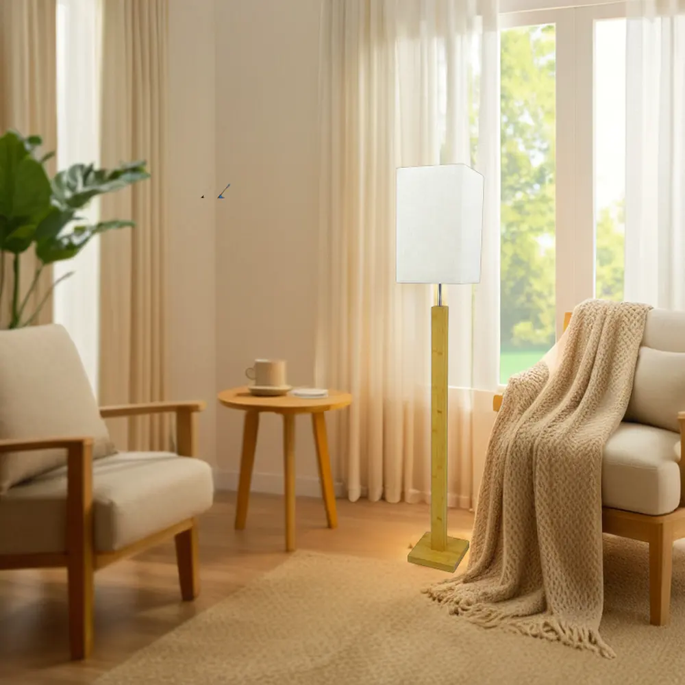 Modern Natural Bamboo Standing Floor Lamp with Wooden Shade Lighted Square Design for Home and Hotel Decoration