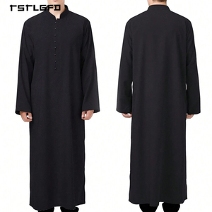 <b>Men</b> Black <b>Thobe</b> Stand Collar Button Placket Long Sleeve Full-Length Minimalist Islamic Jubba Saudi Modest Formal Daily Robe - Product Image 4