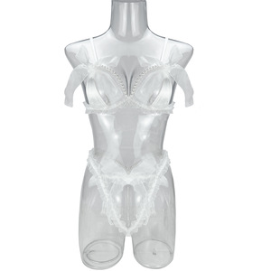 Set di Lingerie Sexy da Donna con Reggiseno Aperto e Perle, Tanga <span class=keywords><strong>a</strong></span> Cucchiaino, Romantico Bianco e Nero, Erotico in Pizzo con Fiocco - Product Image 6