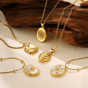 Collana Trendy in Acciaio Inossidabile Placcato Oro 18K con Foto, Ciondolo Cornice Retrò Apribile, Conchiglia, Stella, Luna, Bambù, Catena Apribile - Product Image 2