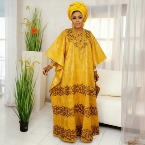 Robe africaine traditionnelle H&D 2026, nouveau style, broderie personnalisée, robe <span class=keywords><strong>bazin</strong></span> décontractée, robe <span class=keywords><strong>boubou</strong></span> avec foulard - Product Image 4