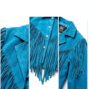 Chaqueta Deportiva Nabtay para Mujer, de Gamuza Turquesa con Flecos, Transpirable, Casual, Estilo Motociclista, Manga Larga, Corte Corto, Cuello Camisero - Product Image 3