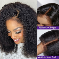 Perruque Courte Bob en Cheveux Humains Frisés Pixie Double Drawn de Chine, avec Bords Bouclés Crépus, Pré-Pluckée, Dentelle HD Frontale, pour Femmes Noires