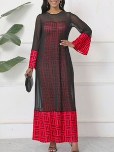 Thanh Lịch Màu Đen Phong Cách In Lưới Nối Hai Mảnh Ăn Mặc Bodycon Mỏng Midi Ăn Mặc Cho Phụ Nữ - Product Image 2