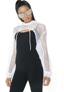 Women White Custom <strong>Fishnet</strong> Cut Out Crop <strong>Top</strong> Pullover Hoodie - Product Image 5
