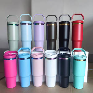 Vente en gros usine, Gobelet isotherme en acier inoxydable avec couvercle à paille rabattable, design de marque, pour voyage, camping et voiture, avec poignée - Product Image 2