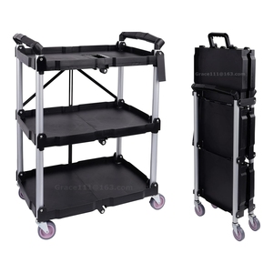 Chariot de <span class=keywords><strong>service</strong></span> en plastique portable à 3 niveaux Chariots utilitaires pliables pour restaurant à pousser avec chariot poly personnalisable OEM à quatre roues - Product Image 1