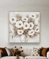 Art mural floral abstrait moderne blanc avec accents dorés pour la décoration du salon, peintures sur toile