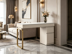 Mesa <span class=keywords><strong>de</strong></span> Manicura para Salón <span class=keywords><strong>de</strong></span> Uñas Color Blanco Crema con Cajones, Mesa <span class=keywords><strong>de</strong></span> Manicura Moderna con Patas <span class=keywords><strong>de</strong></span> Metal Dorado - Product Image 2