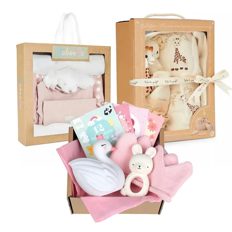 Groothandel Custom Baby Kids Deken Slabbetjes Kleding Papier Pakket Luxe Pasgeboren Gift Set Sokken Verpakking Overhemd Dozen Met Venster