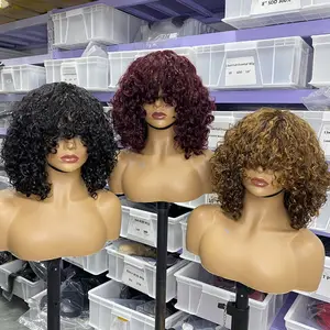 GL 99j highlight Fumi Human Hair Wig With Bangs Full Machine Made Short Bob Rose Curly Brazilian Water Wave Wigs For Black Women