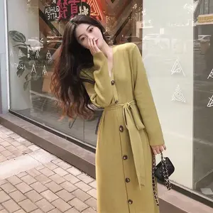 Winter Herbst Frühling Frauen Pullover V-Ausschnitt Full Sleeve Slim Sweater Kleid Koreanische Mode Casual Female Elegant Solid Knitted Dress