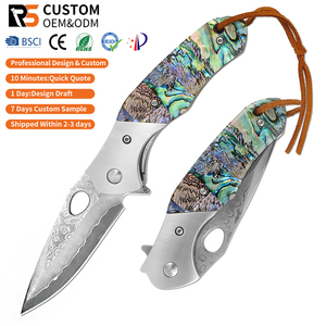 Cuchillo Plegable Táctico de Supervivencia para Camping al Aire Libre con Hoja de Acero de Damasco OEM y Mango de Abulón - Product Image 1