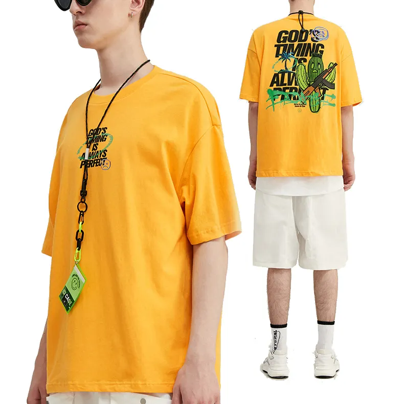 Yüksek sokak tarzı özelleştirilmiş tasarım grafik baskılı T shirt karikatür erkekler boy ağır pamuk T shirt