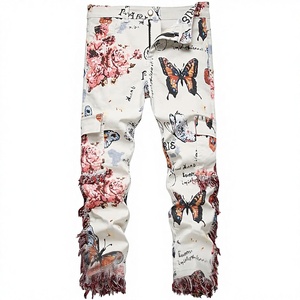 <span class=keywords><strong>Jean</strong></span> en denim Baylvn pour <span class=keywords><strong>homme</strong></span>, coupe slim, taille mi-haute, délavage moyen, 100 % coton, motif floral papillon, style motard - Product Image 1