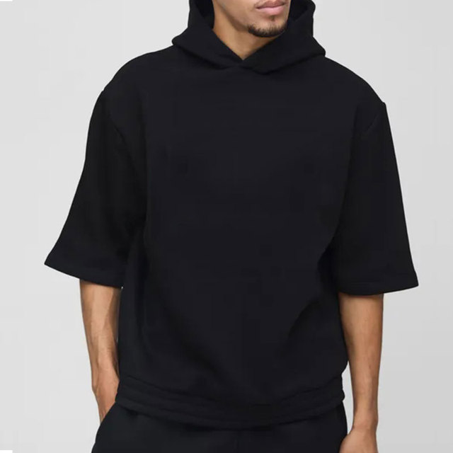 Custom Oversized Black Hooded T-Shirt Streetwear Heavyweight Cotton t Shirts Pullover Short Sleeve Hoodie for Men