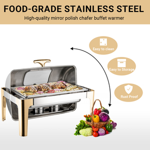Scaldavivande Rettangolare Mezzo Oro e Mezzo Argento con Coperchio Roll-Top, Set Buffet in Acciaio Inossidabile da 9L per Servizio e Mantenimento Calore - Product Image 4