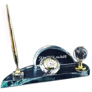 Custom Office Supplies Desk Organizer Crystal Pen Holder With Clock,Crystal Globe Ornament